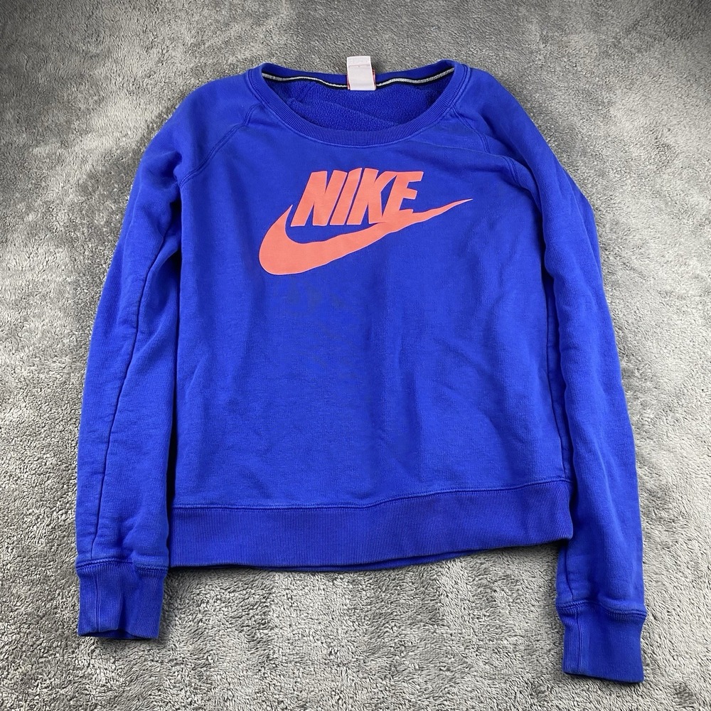 Nike Crewneck Sweatshirt Peach-Pink Lettering Logo Womens Small Blue